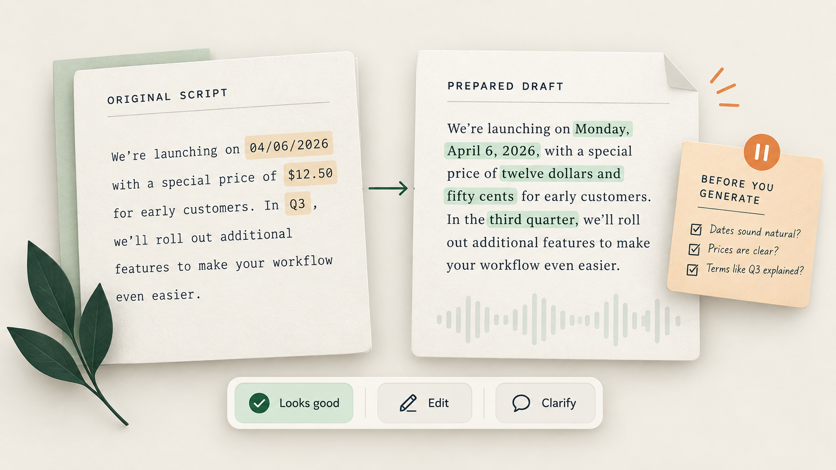 Original voice script beside a prepared draft with reviewed date, price, acronym, and pause decisions.