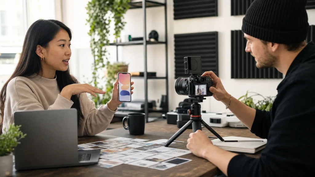 An AI app founder demonstrates a mobile product while a creator records the session.
