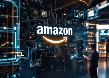 Featured image for article: A single, large-scale image capturing a futuristic Amazon marketplace environment, where the Amazon logo stands prominently in the center against a backdrop of sleek AI circuitry and data visualizations. Vibrant lines connect various floating product tiles—shoes, electronics, and home goods—hinting at personalized prompts. In the lower corner, a shopper is seen browsing through recommendations on a smartphone. The overall palette features energetic blues and subtle metallic undertones, symbolizing innovation and the power of generative AI shaping a new era of online retail.