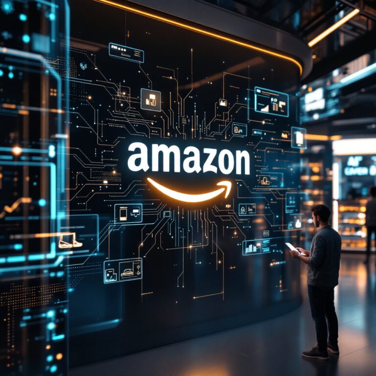 Featured image for article: A single, large-scale image capturing a futuristic Amazon marketplace environment, where the Amazon logo stands prominently in the center against a backdrop of sleek AI circuitry and data visualizations. Vibrant lines connect various floating product tiles—shoes, electronics, and home goods—hinting at personalized prompts. In the lower corner, a shopper is seen browsing through recommendations on a smartphone. The overall palette features energetic blues and subtle metallic undertones, symbolizing innovation and the power of generative AI shaping a new era of online retail.