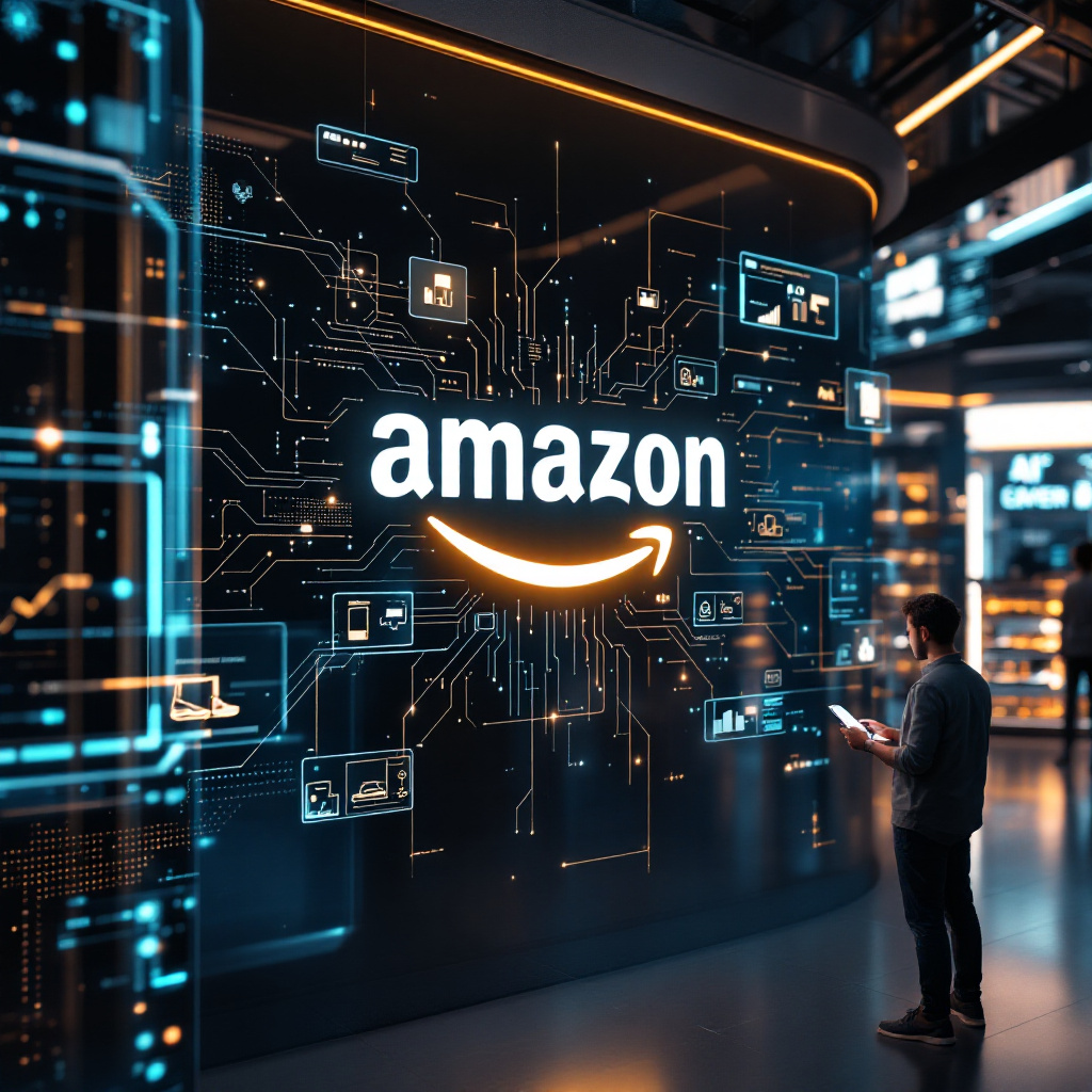 Featured image for article: A single, large-scale image capturing a futuristic Amazon marketplace environment, where the Amazon logo stands prominently in the center against a backdrop of sleek AI circuitry and data visualizations. Vibrant lines connect various floating product tiles—shoes, electronics, and home goods—hinting at personalized prompts. In the lower corner, a shopper is seen browsing through recommendations on a smartphone. The overall palette features energetic blues and subtle metallic undertones, symbolizing innovation and the power of generative AI shaping a new era of online retail.
