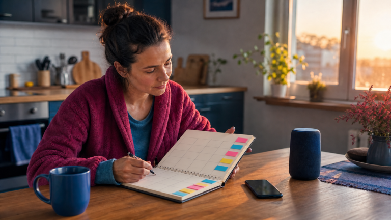 Woman planning a recurring routine beside a smart speaker and phone