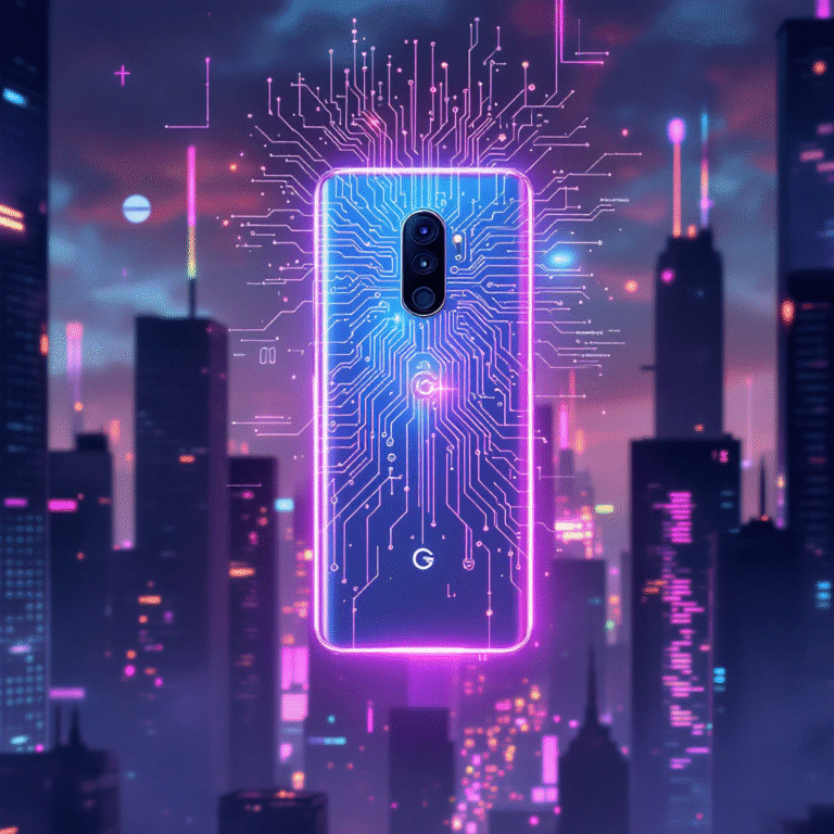 A sleek, bezel-less Android phone hovers mid-air in a dimly lit, neon-washed cityscape. From its camera lens, translucent holographic overlays bloom outward—object outlines, multilingual captions, and swirling data streams—all rendered in electric blues and magentas. A subtle Gemini logo pulses above the lens, while glowing circuit traces ripple across the skyline, hinting at an AI network woven into the urban fabric. The overall vibe is ultra-futuristic and cool, blending cyberpunk aesthetics with cutting-edge mobile tech.