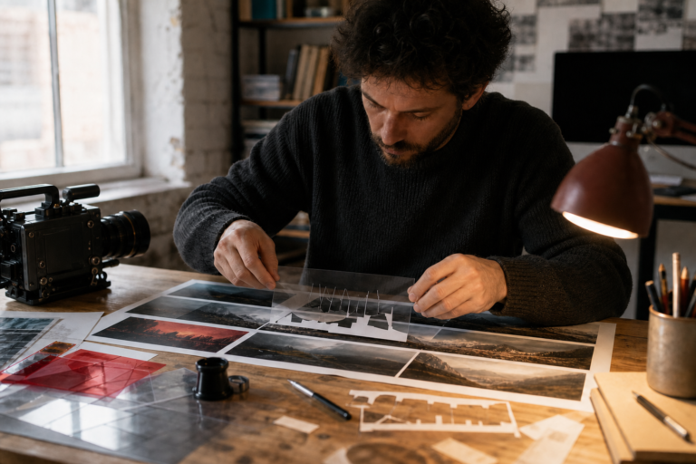 Video editor aligning transparent masks over printed film frames in a workshop