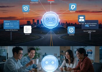 A composite-style digital illustration that visually encapsulates the key themes of the article. At the center floats Claude, a glowing, semi-transparent AI orb radiating light and connecting to various digital interfaces. Surrounding Claude are iconic app panels: Jira tickets, Confluence pages, PayPal invoices, Asana tasks, and Google Workspace tools. Below, three professionals collaborate in a modern office, sipping coffee while observing Claude generate tasks and content in real time. In the background, a road splits into two labeled paths—"Custom AI Workflows" and "Big Tech Ecosystems"—under a twilight sky, symbolizing future choices in AI adoption. Digital billboards along the road read “MCP Servers,” “Third-Party Plugins,” and “Research Mode.” The scene blends warmth, innovation, and direction, illustrating Claude’s leap from helpful chatbot to powerful productivity partner.