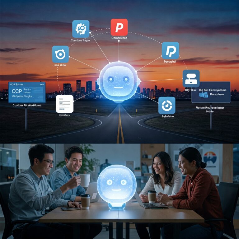 A composite-style digital illustration that visually encapsulates the key themes of the article. At the center floats Claude, a glowing, semi-transparent AI orb radiating light and connecting to various digital interfaces. Surrounding Claude are iconic app panels: Jira tickets, Confluence pages, PayPal invoices, Asana tasks, and Google Workspace tools. Below, three professionals collaborate in a modern office, sipping coffee while observing Claude generate tasks and content in real time. In the background, a road splits into two labeled paths—"Custom AI Workflows" and "Big Tech Ecosystems"—under a twilight sky, symbolizing future choices in AI adoption. Digital billboards along the road read “MCP Servers,” “Third-Party Plugins,” and “Research Mode.” The scene blends warmth, innovation, and direction, illustrating Claude’s leap from helpful chatbot to powerful productivity partner.