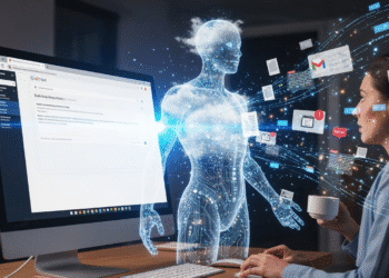 Gmail AI Smart Replies A sleek modern Gmail interface is shown on a computer screen. The email draft area is auto-populating a message while a person watches in awe, coffee in hand. Hovering above the computer is a translucent, humanoid AI figure—part cloud, part circuitry—mimicking the user's typing gestures. In the background, elements from the user's digital life (photos, documents, calendar events) float like data streams feeding into the AI. The expression on the user's face is a mix of amazement and suspicion, symbolizing the tension between convenience and privacy.