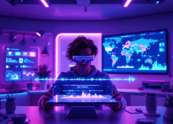 A futuristic workspace filled with digital screens and holograms. At the center, a person wearing sleek XR glasses gazes at a floating 3D video timeline generated by an AI model. On one screen, the Gemini app interface displays a video prompt in progress, while another shows a stylized Veo 3-generated video with rich visuals and audio waveforms. The room glows with a soft neon light, blending creativity with cutting-edge technology. In the background, a wall screen shows a map highlighting the 71 countries where Veo 3 is now available. The atmosphere feels dynamic, immersive, and just a little bit sci-fi.