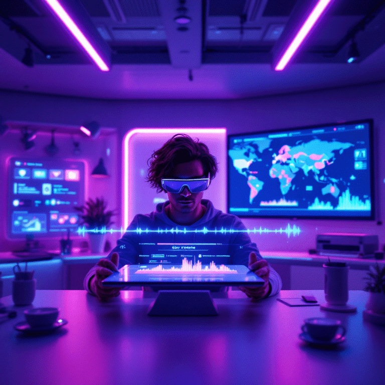 A futuristic workspace filled with digital screens and holograms. At the center, a person wearing sleek XR glasses gazes at a floating 3D video timeline generated by an AI model. On one screen, the Gemini app interface displays a video prompt in progress, while another shows a stylized Veo 3-generated video with rich visuals and audio waveforms. The room glows with a soft neon light, blending creativity with cutting-edge technology. In the background, a wall screen shows a map highlighting the 71 countries where Veo 3 is now available. The atmosphere feels dynamic, immersive, and just a little bit sci-fi.