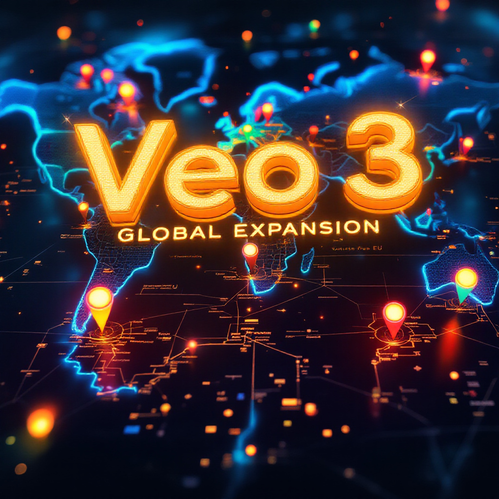 A cinematic-style world map lights up dramatically, with colorful pins dropping into 71 different countries, excluding the EU. Overlaid in bold, glowing letters: “Veo 3 Global Expansion.” In the foreground, a diverse group of creators—some filming with phones, others using laptops—react with excitement. One person refreshes the Gemini app, where the “Veo 3 access granted” banner appears. The visual energy feels like a blockbuster movie release announcement.
