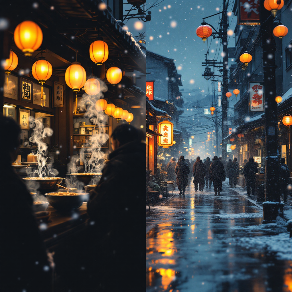 Veo 3 AI video generation
A split-screen image. On one side, a surreal AI-generated ramen street scene at dusk—steam rising, glowing lanterns, and realistic crowd noise icons subtly embedded. On the other side, a stylized, game-like battle scene with characters moving mid-air, reminiscent of Fortnite, but noticeably unbranded. At the top, a prompt floats: “A neon-lit cyber ramen stall during light snowfall, cinematic focus.” The background hints at copyright concerns with small red caution symbols and question marks near the unbranded game visuals.