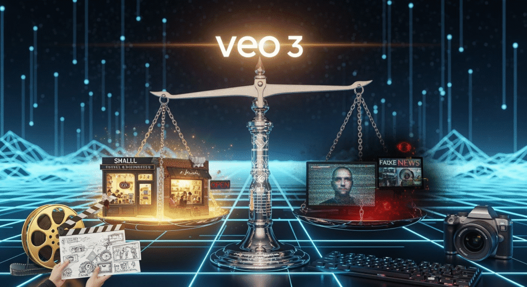 Veo 3 AI video generation
A metaphorical balance scale sits on a digital landscape. On one side: a glowing film reel, a small business storefront, and a hobbyist with a storyboard. On the other: a shadowy fake news broadcast with glitch effects and a blurred-out face. In the middle, the Veo 3 logo glows above the scale, emitting a soft light. A keyboard and camera rest nearby, symbolizing the ongoing tension between creativity and responsibility in the AI age.