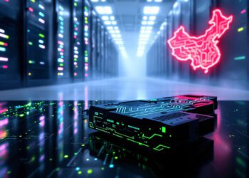 Cheaper Blackwell AI chip for China. Imagine a cinematic wide shot of two chessboards fused into one: on the left, a gleaming Nvidia Blackwell GPU serves as a rook; on the right, a translucent red outline of mainland China stands in for its mirror-rook. Between them, a faint white centerline evokes the Pacific Ocean and export-control “rules.” Overhead, soft studio lighting highlights the GPU’s angular heat sink in signature Nvidia green while casting the chess squares into cool shadow, hinting at the strategic duel that frames the story.