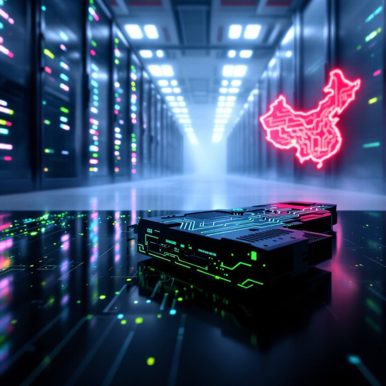 Cheaper Blackwell AI chip for China. Imagine a cinematic wide shot of two chessboards fused into one: on the left, a gleaming Nvidia Blackwell GPU serves as a rook; on the right, a translucent red outline of mainland China stands in for its mirror-rook. Between them, a faint white centerline evokes the Pacific Ocean and export-control “rules.” Overhead, soft studio lighting highlights the GPU’s angular heat sink in signature Nvidia green while casting the chess squares into cool shadow, hinting at the strategic duel that frames the story.