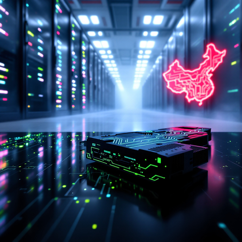 Cheaper Blackwell AI chip for China. Imagine a cinematic wide shot of two chessboards fused into one: on the left, a gleaming Nvidia Blackwell GPU serves as a rook; on the right, a translucent red outline of mainland China stands in for its mirror-rook. Between them, a faint white centerline evokes the Pacific Ocean and export-control “rules.” Overhead, soft studio lighting highlights the GPU’s angular heat sink in signature Nvidia green while casting the chess squares into cool shadow, hinting at the strategic duel that frames the story.