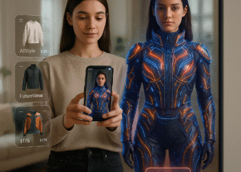 A young woman is holding a smartphone in front of her while standing in front of a mirror. On the phone screen, a hyper-realistic digital outfit is superimposed over her image using augmented reality. Behind her, a soft, blurred background shows a modern living room with natural lighting. Floating digital UI elements display clothing options, brand names, and a “Buy Now” button. The vibe is futuristic yet stylish, blending everyday tech use with advanced fashion AI.