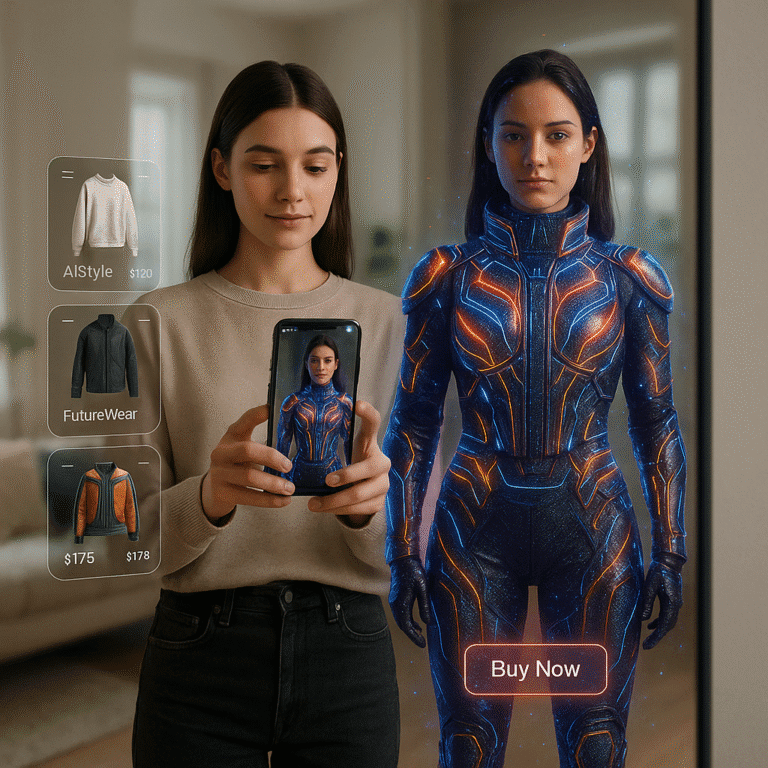 A young woman is holding a smartphone in front of her while standing in front of a mirror. On the phone screen, a hyper-realistic digital outfit is superimposed over her image using augmented reality. Behind her, a soft, blurred background shows a modern living room with natural lighting. Floating digital UI elements display clothing options, brand names, and a “Buy Now” button. The vibe is futuristic yet stylish, blending everyday tech use with advanced fashion AI.