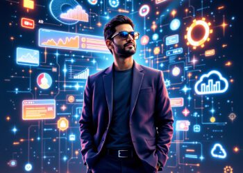 Google AI Revolution A modern, sleek digital illustration of Google CEO Sundar Pichai standing in front of a futuristic AI interface, with dynamic charts, holographic AR glasses, and code snippets surrounding him. The backdrop includes subtle icons for Google Search, YouTube, Android, and Cloud, symbolizing the integration of AI across platforms. The overall vibe is tech-forward, optimistic, and innovation-driven.