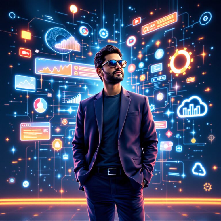 Google AI Revolution A modern, sleek digital illustration of Google CEO Sundar Pichai standing in front of a futuristic AI interface, with dynamic charts, holographic AR glasses, and code snippets surrounding him. The backdrop includes subtle icons for Google Search, YouTube, Android, and Cloud, symbolizing the integration of AI across platforms. The overall vibe is tech-forward, optimistic, and innovation-driven.