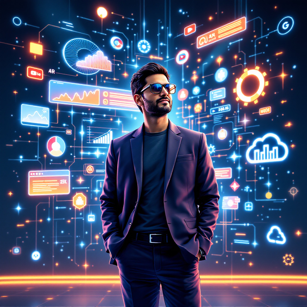 Google AI Revolution A modern, sleek digital illustration of Google CEO Sundar Pichai standing in front of a futuristic AI interface, with dynamic charts, holographic AR glasses, and code snippets surrounding him. The backdrop includes subtle icons for Google Search, YouTube, Android, and Cloud, symbolizing the integration of AI across platforms. The overall vibe is tech-forward, optimistic, and innovation-driven.