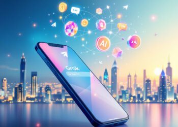 A sleek digital illustration showing a smartphone with the Telegram app open, prominently featuring the Grok AI chatbot integrated into the search bar. Floating above the device are stylized icons representing AI, chat bubbles, cryptocurrency (TON coin), and code blocks—symbolizing Telegram’s fusion of messaging, AI, and blockchain. In the background, a soft blend of the Telegram and xAI logos subtly fade into a dynamic, tech-themed cityscape, suggesting global connectivity and innovation. The overall tone is modern, vibrant, and futuristic—evoking momentum and partnership.