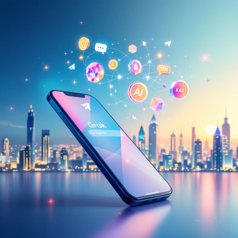 A sleek digital illustration showing a smartphone with the Telegram app open, prominently featuring the Grok AI chatbot integrated into the search bar. Floating above the device are stylized icons representing AI, chat bubbles, cryptocurrency (TON coin), and code blocks—symbolizing Telegram’s fusion of messaging, AI, and blockchain. In the background, a soft blend of the Telegram and xAI logos subtly fade into a dynamic, tech-themed cityscape, suggesting global connectivity and innovation. The overall tone is modern, vibrant, and futuristic—evoking momentum and partnership.