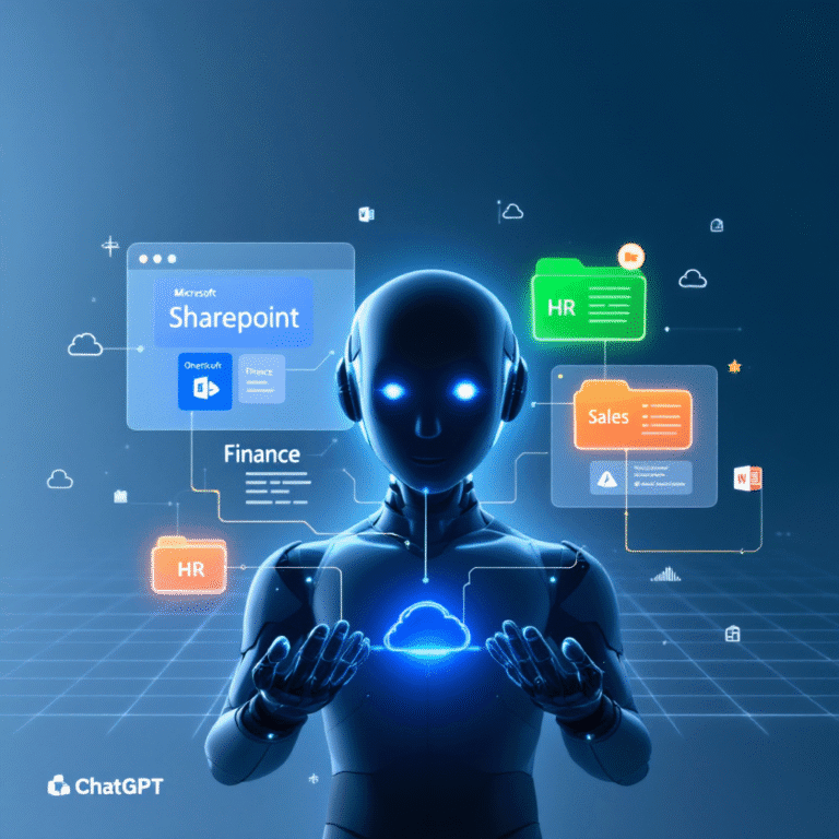 ChatGPT SharePoint Integration -A modern digital workspace scene featuring an AI assistant (represented as a sleek chatbot interface) analyzing documents from Microsoft SharePoint and OneDrive. The background shows cloud storage icons, data flow lines, and folders labeled "Finance," "HR," and "Sales." A visual overlay shows ChatGPT generating insights with citation bubbles pointing to documents. The overall style is clean, tech-forward, and enterprise-oriented, symbolizing the seamless integration of AI into business environments.