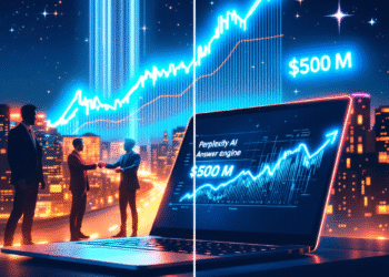 Perplexity AI $14 B valuation: A stylized, split‑screen illustration of Perplexity AI’s sleek “answer‑engine” interface glowing on a laptop in the foreground, while a rocket‑shaped stock graph blasts upward behind it. Venture‑capital hands exchange a giant, neon‑blue $500 M check on the left, and a faint silhouette of Google’s classic search bar looms on the right—hinting at the looming showdown. The cityscape of San Francisco twinkles beneath a night sky lit by data‑stream constellations, capturing both the hype and the high‑stakes race for the future of search.