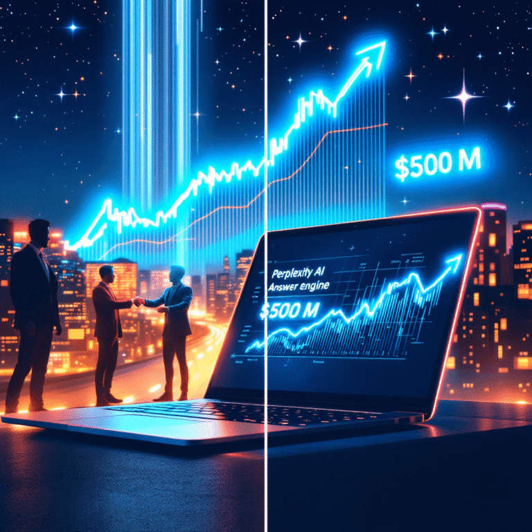 Perplexity AI $14 B valuation: A stylized, split‑screen illustration of Perplexity AI’s sleek “answer‑engine” interface glowing on a laptop in the foreground, while a rocket‑shaped stock graph blasts upward behind it. Venture‑capital hands exchange a giant, neon‑blue $500 M check on the left, and a faint silhouette of Google’s classic search bar looms on the right—hinting at the looming showdown. The cityscape of San Francisco twinkles beneath a night sky lit by data‑stream constellations, capturing both the hype and the high‑stakes race for the future of search.