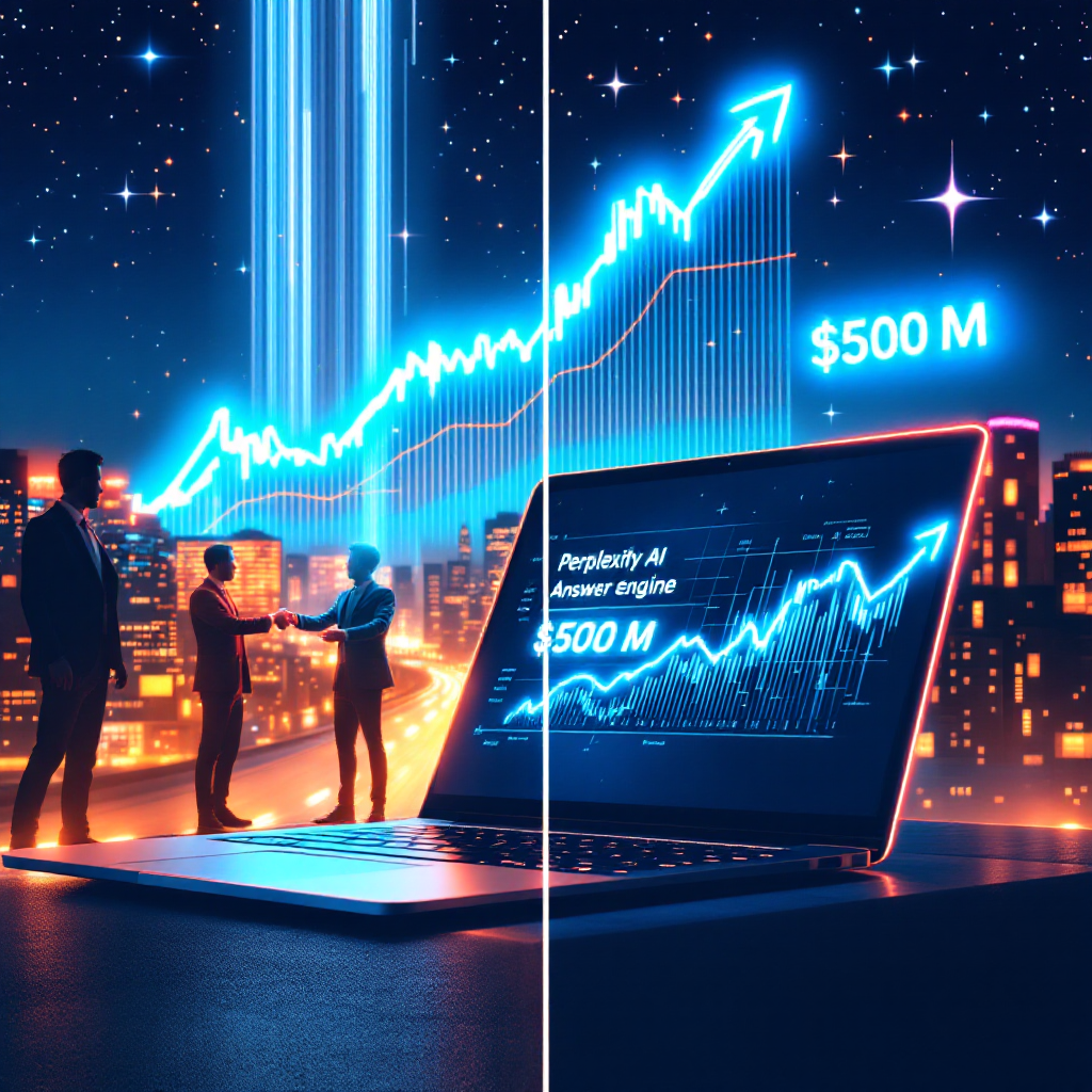 Perplexity AI $14 B valuation: A stylized, split‑screen illustration of Perplexity AI’s sleek “answer‑engine” interface glowing on a laptop in the foreground, while a rocket‑shaped stock graph blasts upward behind it. Venture‑capital hands exchange a giant, neon‑blue $500 M check on the left, and a faint silhouette of Google’s classic search bar looms on the right—hinting at the looming showdown. The cityscape of San Francisco twinkles beneath a night sky lit by data‑stream constellations, capturing both the hype and the high‑stakes race for the future of search.