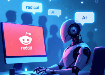 AI Bots Targeted Radicals. A digital illustration of a humanoid robot at a computer, with the Reddit logo on the screen and chat bubbles containing keywords like "radical" and "AI." Human and robot silhouettes blend in the background, symbolizing blurred online identities. The scene uses cool blue and purple tones, with a lock icon to represent privacy concerns.