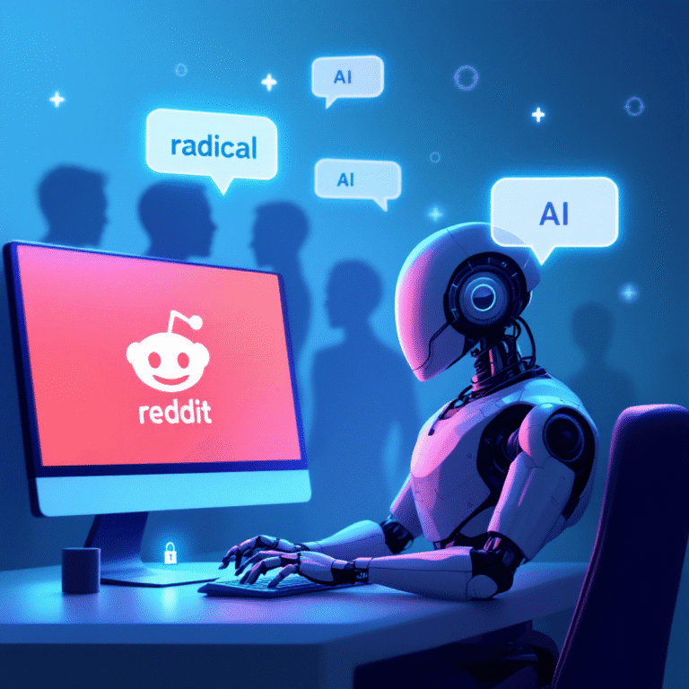 AI Bots Targeted Radicals. A digital illustration of a humanoid robot at a computer, with the Reddit logo on the screen and chat bubbles containing keywords like "radical" and "AI." Human and robot silhouettes blend in the background, symbolizing blurred online identities. The scene uses cool blue and purple tones, with a lock icon to represent privacy concerns.