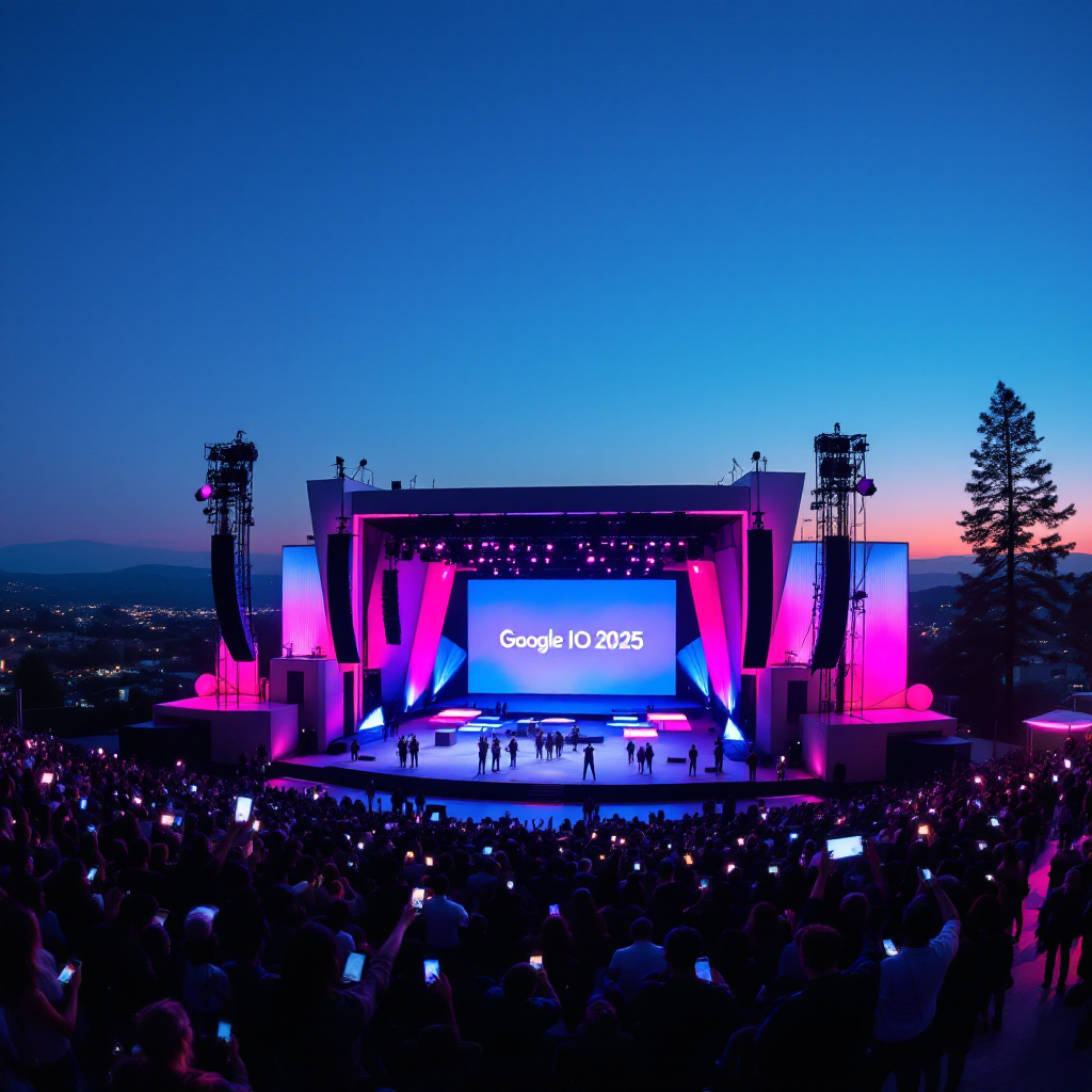 Wide-angle, dusk scene inside Shoreline Amphitheatre: the stage glows neon blue and pink, a huge “Google I/O 2025” banner hovers above a minimalist set, and a diverse crowd of developers wave illuminated badges and phones, capturing the charged, expectant atmosphere of an AI-centric keynote.