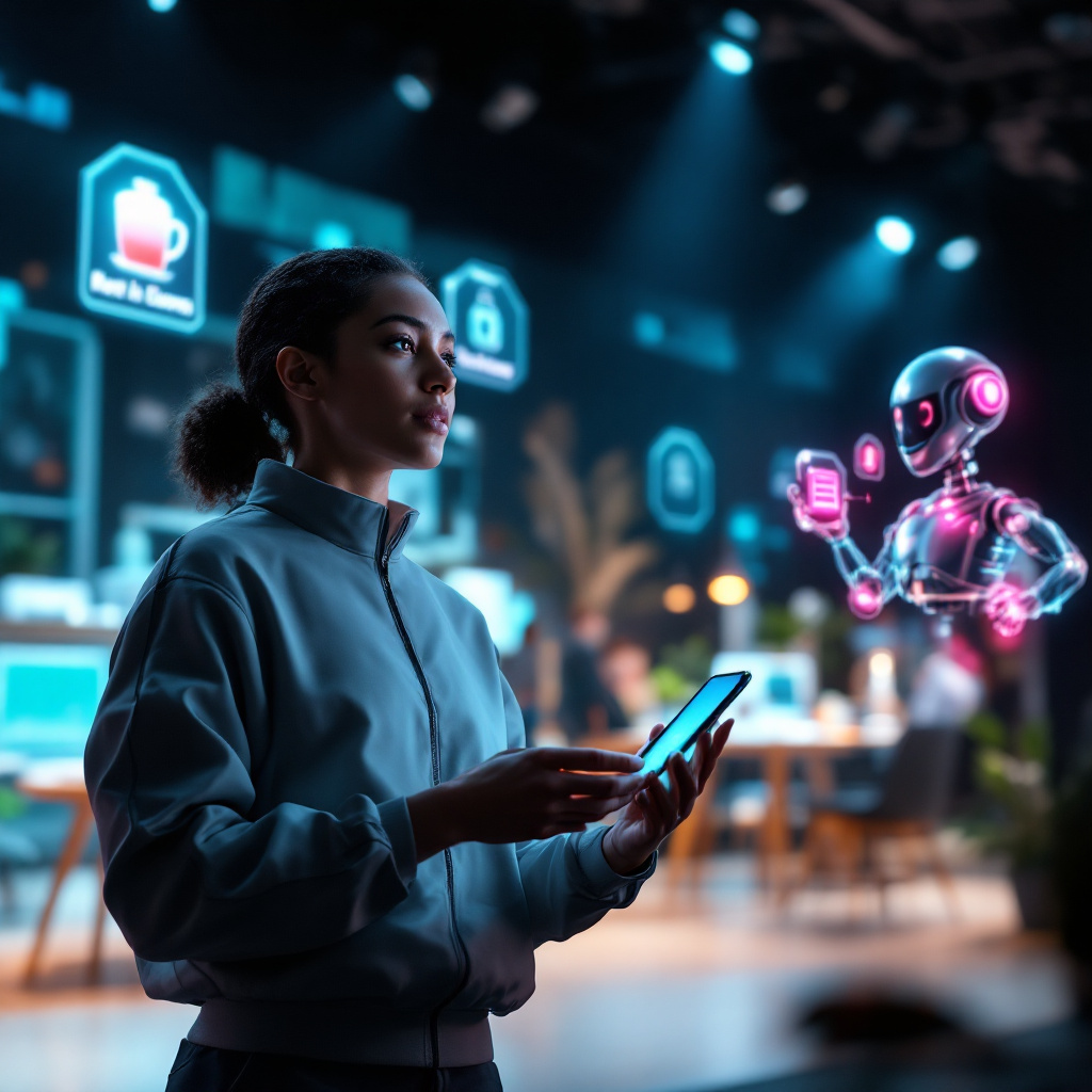 Close-up demo tableau: a presenter holds a smartphone whose camera feed is mirrored on a giant screen; gem-shaped overlays identify everyday objects in real time while a floating holographic tutor icon animates beside them, illustrating Project Astra’s perception skills and LearnLM’s teaching companion.