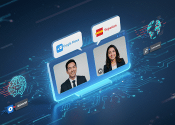 A dynamic, composite-style illustration featuring a Google Meet interface at the center, where two professionals—one English-speaking, one Spanish-speaking—are engaged in a live video call. Speech bubbles emerge from both participants, automatically translating into the other’s language with glowing Gemini AI icons beside them. Around the main scene are smaller elements: a glowing AI brain symbolizing Gemini, a globe wrapped in speech waves representing global communication, and mini-icons of competing platforms like Zoom and Teams lagging behind in a digital race. The color palette is modern and tech-forward—cool blues, whites, and subtle neon highlights—conveying innovation, speed, and cross-cultural collaboration.