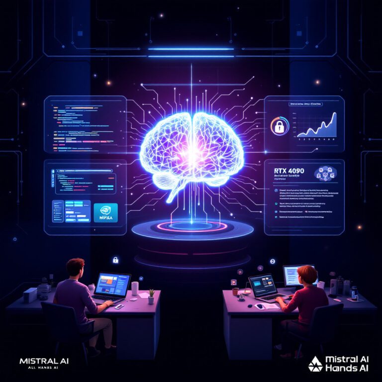 Devstral 24B open-source coding AI A sleek, futuristic digital workspace set against a deep blue and black tech-themed background. At the center, a glowing AI brain composed of circuitry and code streams emits light, symbolizing intelligence and innovation. Surrounding it are holographic panels displaying programming languages, GitHub issues, and performance charts—highlighting Devstral Small 24B’s record-breaking SWE-Bench score. To the left, a developer confidently uses a laptop powered by an RTX 4090 GPU, while to the right, a team collaborates in an enterprise setting with data security icons in the background. Mistral AI and All Hands AI logos appear subtly in opposite corners, representing the collaborative force behind the model. A bold headline floats overhead: "Devstral 24B: Open-Source Intelligence Meets Real-World Code."