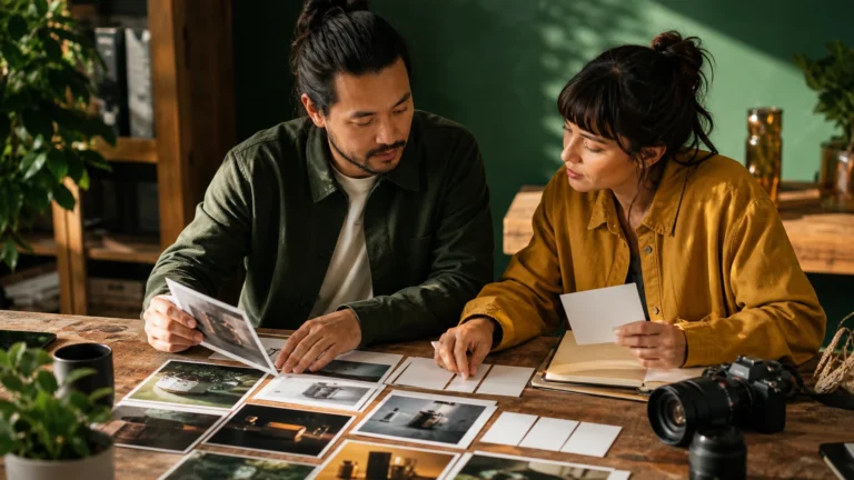 A founder and creator compare campaign storyboards and evidence beside a camera.