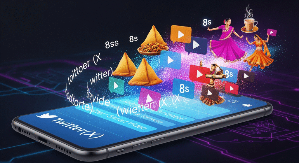 Perplexity AI text-to-video Twitter A stylized digital artwork showing a vibrant Twitter (X) interface on a smartphone screen, with animated text prompts swirling into a burst of vivid 8-second video frames. Indian cultural symbols like samosas, Bollywood dancers, and a cup of chai are blended into a futuristic AI-generated aesthetic—glowing with blue and neon purple hues.