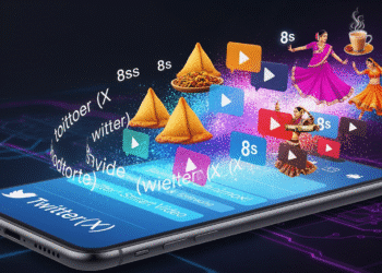 Perplexity AI text-to-video Twitter A stylized digital artwork showing a vibrant Twitter (X) interface on a smartphone screen, with animated text prompts swirling into a burst of vivid 8-second video frames. Indian cultural symbols like samosas, Bollywood dancers, and a cup of chai are blended into a futuristic AI-generated aesthetic—glowing with blue and neon purple hues.