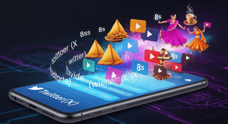 Perplexity AI text-to-video Twitter A stylized digital artwork showing a vibrant Twitter (X) interface on a smartphone screen, with animated text prompts swirling into a burst of vivid 8-second video frames. Indian cultural symbols like samosas, Bollywood dancers, and a cup of chai are blended into a futuristic AI-generated aesthetic—glowing with blue and neon purple hues.