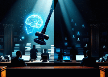 A courtroom scene split between light and shadow: one half features Anthropic’s AI represented as a glowing, futuristic brain scanning books; the other half shows shadowy figures uploading books from pirate websites. A judge's gavel hovers above, casting a long shadow that divides legality and infringement.
