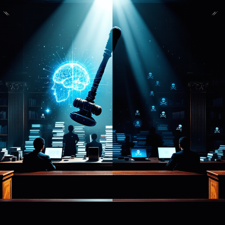 A courtroom scene split between light and shadow: one half features Anthropic’s AI represented as a glowing, futuristic brain scanning books; the other half shows shadowy figures uploading books from pirate websites. A judge's gavel hovers above, casting a long shadow that divides legality and infringement.