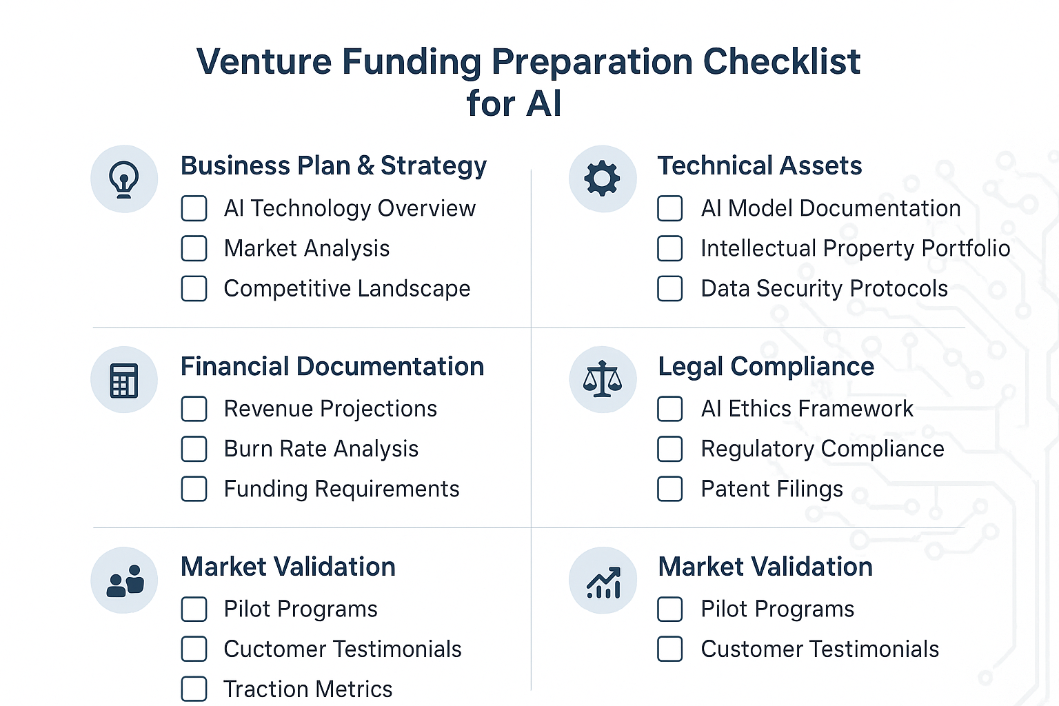 Venture Funding Preparation Checklist for AI Startups (Pre-Seed, Seed, Series A+)