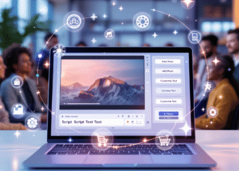 A sleek, futuristic digital workspace with a laptop displaying a video ad in progress. On the screen, there's an interface showing a product image, script text box, and editing tools with labels like "Add Music" and "Customize Text." Around the laptop, floating holographic icons represent AI, video, and shopping carts. In the background, a diverse group of small business owners look excited and empowered, with product packaging and mobile phones in hand. A subtle Amazon logo glows in the corner, symbolizing the brand’s presence. The overall vibe is dynamic, modern, and innovative—highlighting how AI is reshaping video advertising for everyone.