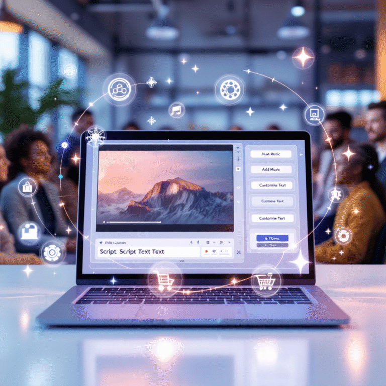 A sleek, futuristic digital workspace with a laptop displaying a video ad in progress. On the screen, there's an interface showing a product image, script text box, and editing tools with labels like "Add Music" and "Customize Text." Around the laptop, floating holographic icons represent AI, video, and shopping carts. In the background, a diverse group of small business owners look excited and empowered, with product packaging and mobile phones in hand. A subtle Amazon logo glows in the corner, symbolizing the brand’s presence. The overall vibe is dynamic, modern, and innovative—highlighting how AI is reshaping video advertising for everyone.