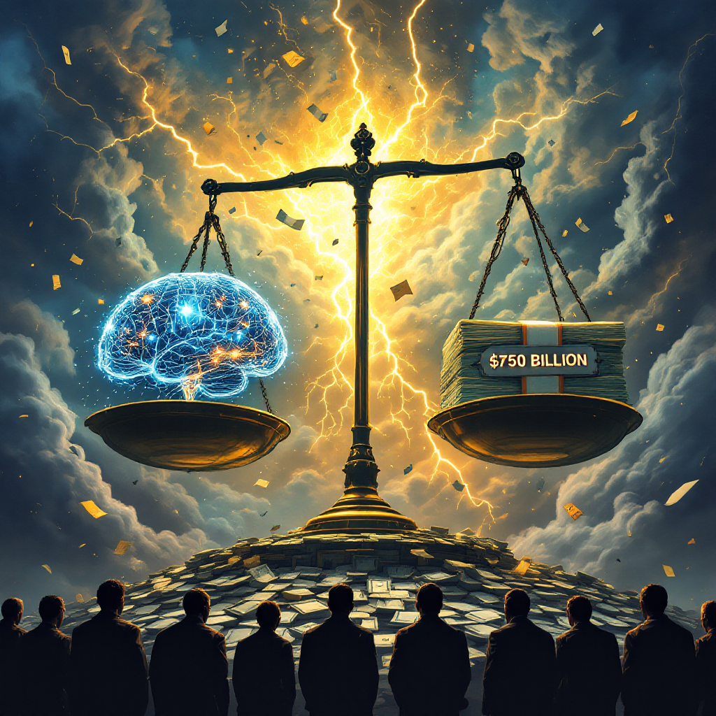 A balance scale weighing a glowing AI brain on one side against a towering stack of cash labeled "$750 Billion" on the other. Behind the scale, a stormy sky filled with legal documents and warning signs. Shadowy silhouettes of authors watch nervously as the financial risk looms large.