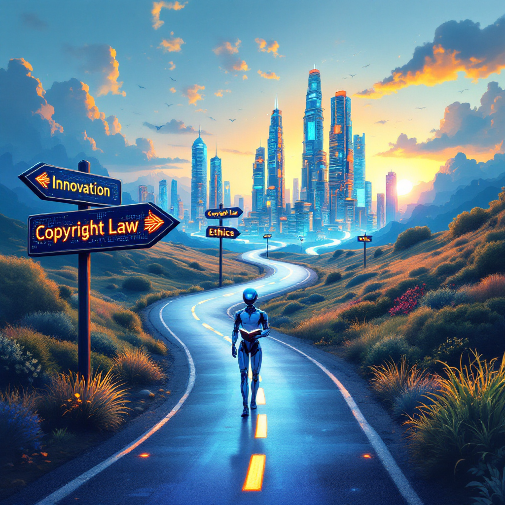 A winding road leading into a futuristic city skyline made of books and data streams. Signposts along the road show directions labeled “Innovation,” “Copyright Law,” and “Ethics.” At the crossroads, an AI figure pauses, facing choices ahead while holding a glowing book. The horizon glows with both opportunity and uncertainty.