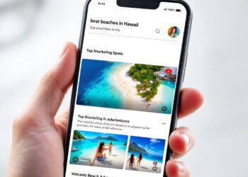 A sleek smartphone screen shows the YouTube app with a search query like “best beaches in Hawaii.” At the top of the results, a horizontal carousel of vibrant video thumbnails displays AI-generated headlines and summaries. The thumbnails feature crystal-clear beaches, travel vlogs, and adventure scenes. A subtle overlay shows an “AI Highlights” tag, emphasizing the new feature. The background hints at YouTube’s familiar red-and-white branding.