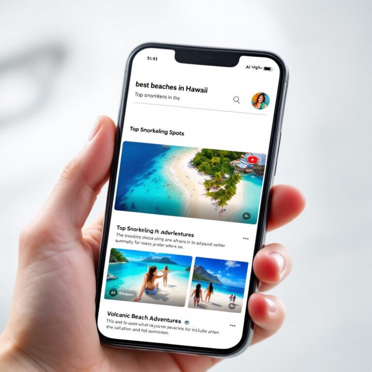 A sleek smartphone screen shows the YouTube app with a search query like “best beaches in Hawaii.” At the top of the results, a horizontal carousel of vibrant video thumbnails displays AI-generated headlines and summaries. The thumbnails feature crystal-clear beaches, travel vlogs, and adventure scenes. A subtle overlay shows an “AI Highlights” tag, emphasizing the new feature. The background hints at YouTube’s familiar red-and-white branding.