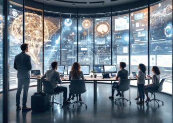 Mark Zuckerberg sitting at a minimalist workstation, casually dressed, mid-video call on a laptop. His screen displays a grid of top AI researchers. The background features ambient lighting and futuristic UI overlays showing AI charts and messaging apps. A caption bubble shows: “Come build superintelligence with me.” The mood is urgent and focused, setting the tone for a high-stakes recruiting mission.
